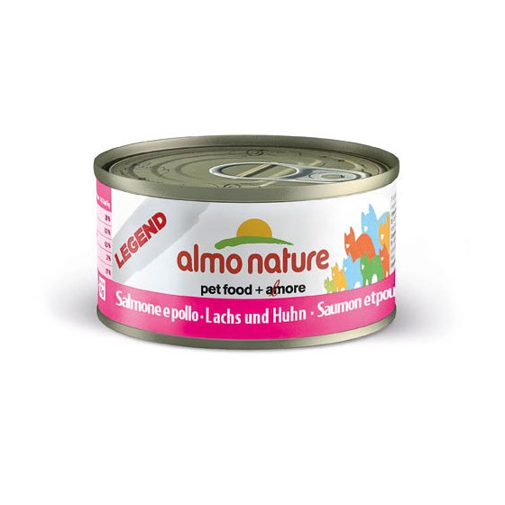 Nourriture pour chat Almo en boite de 70gr au saumon et au poulet.